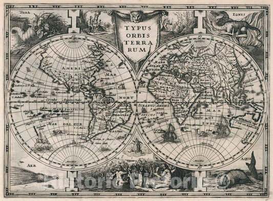 Historic Wall Map : World Atlas Map, Typus orbis terrarum 1636 - Vintage Wall Art