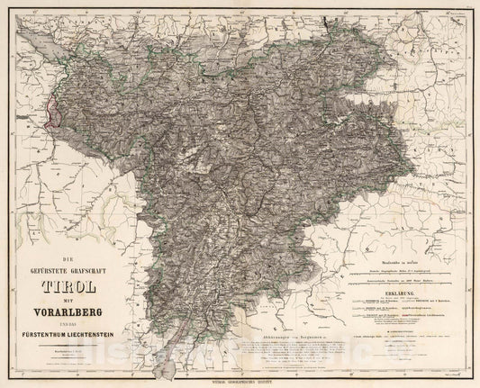 Historic Wall Map : Austria, Innsbruck Region (Austria)Die gefurstete Grafschaft : Tirol mit Vorarlberg und das Furstenthum Liechtenstein 1864 , Vintage Wall Art