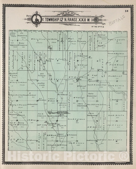 Historic Map : Dawson County Nebraska, County Atlas Map, Township 12 N. Range XXII W. 1904 - Vintage Wall Art