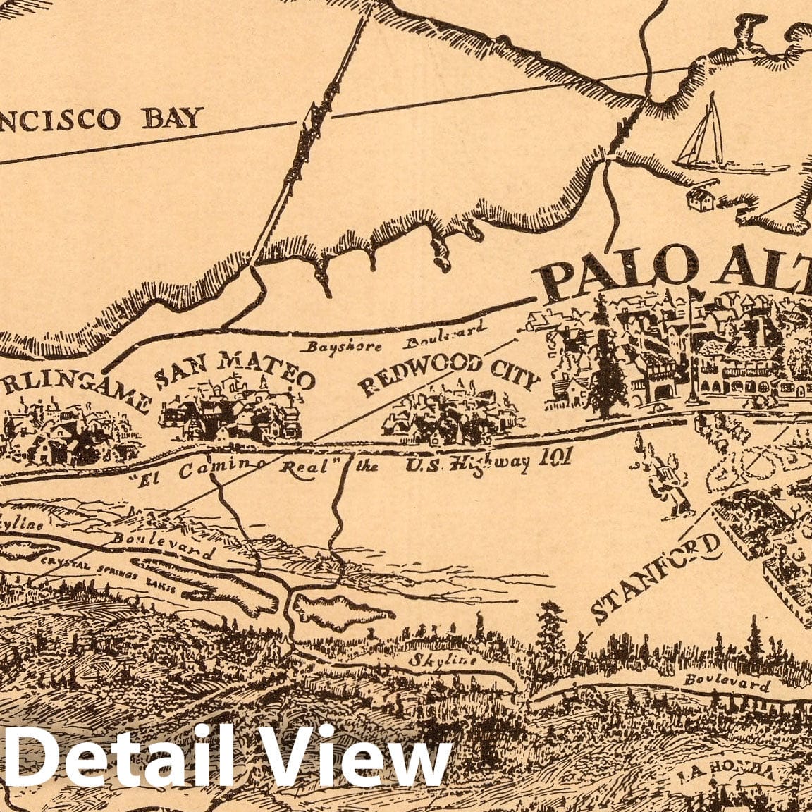 Palo Alto and San Francisco Peninsula - Pictorial Map, 1945