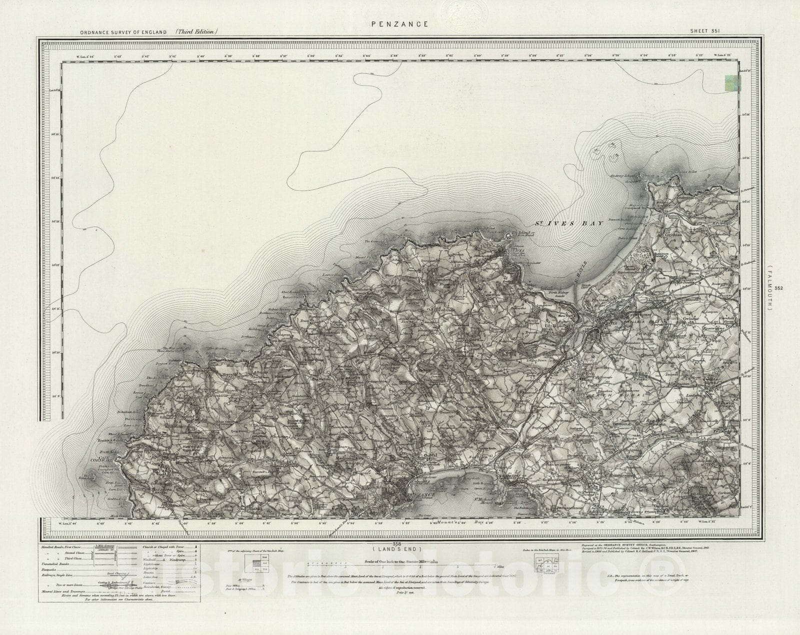 Historic Map : 351 Penzance (Hills) 1907 - Vintage Wall Art