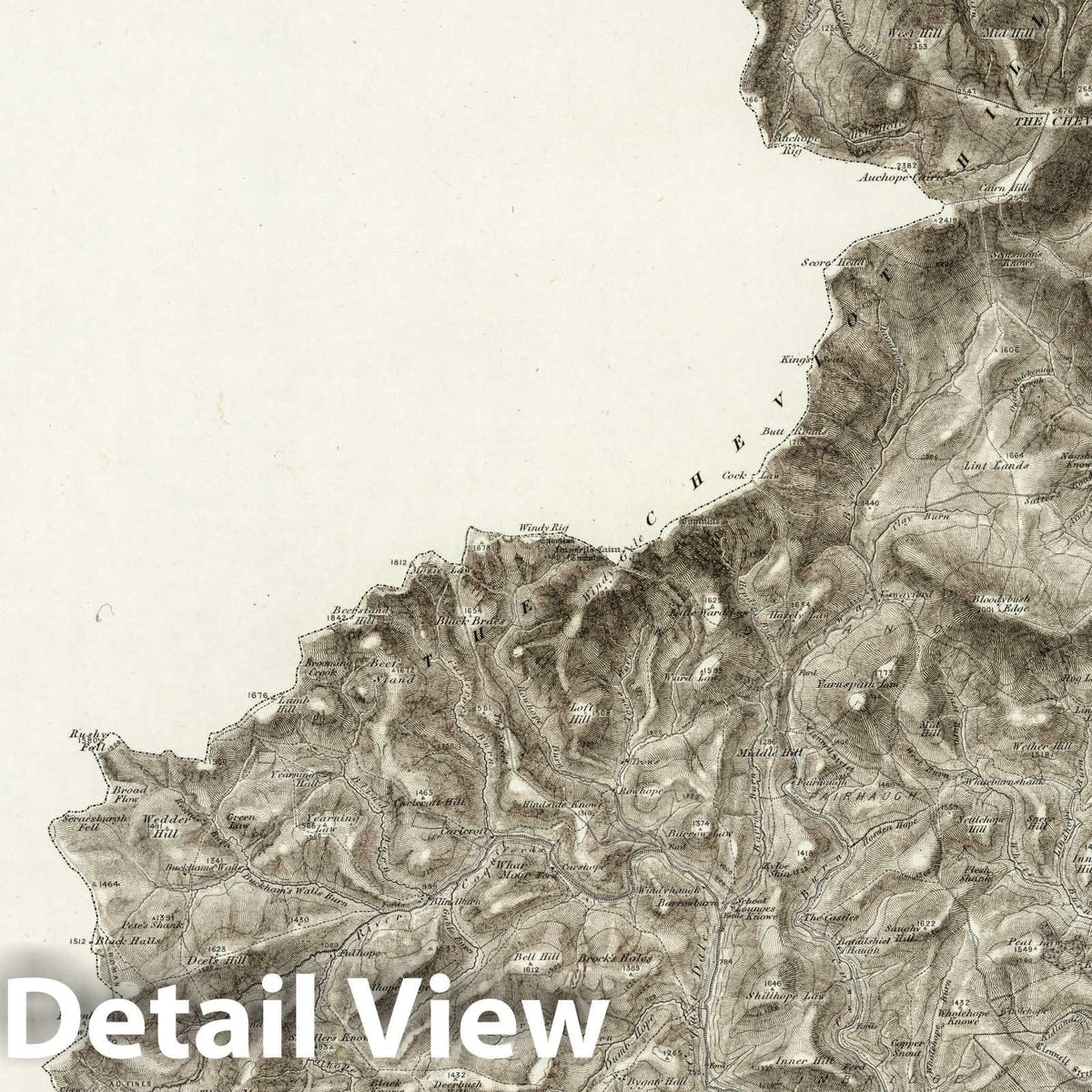 The Cheviot Hills, England - Survey Map, 1903 - Historical Topographic Print