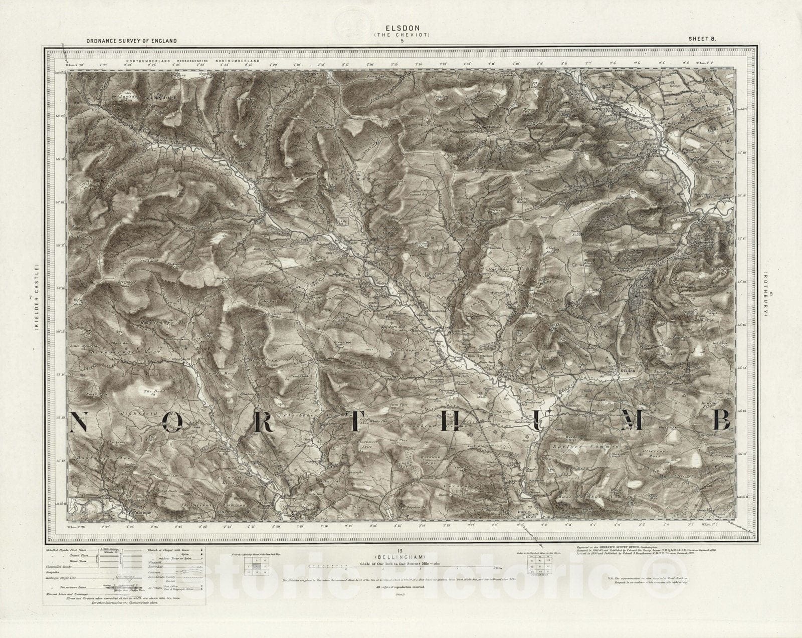 Historic Map : 8 Elsdon (Hills) 1897 - Vintage Wall Art