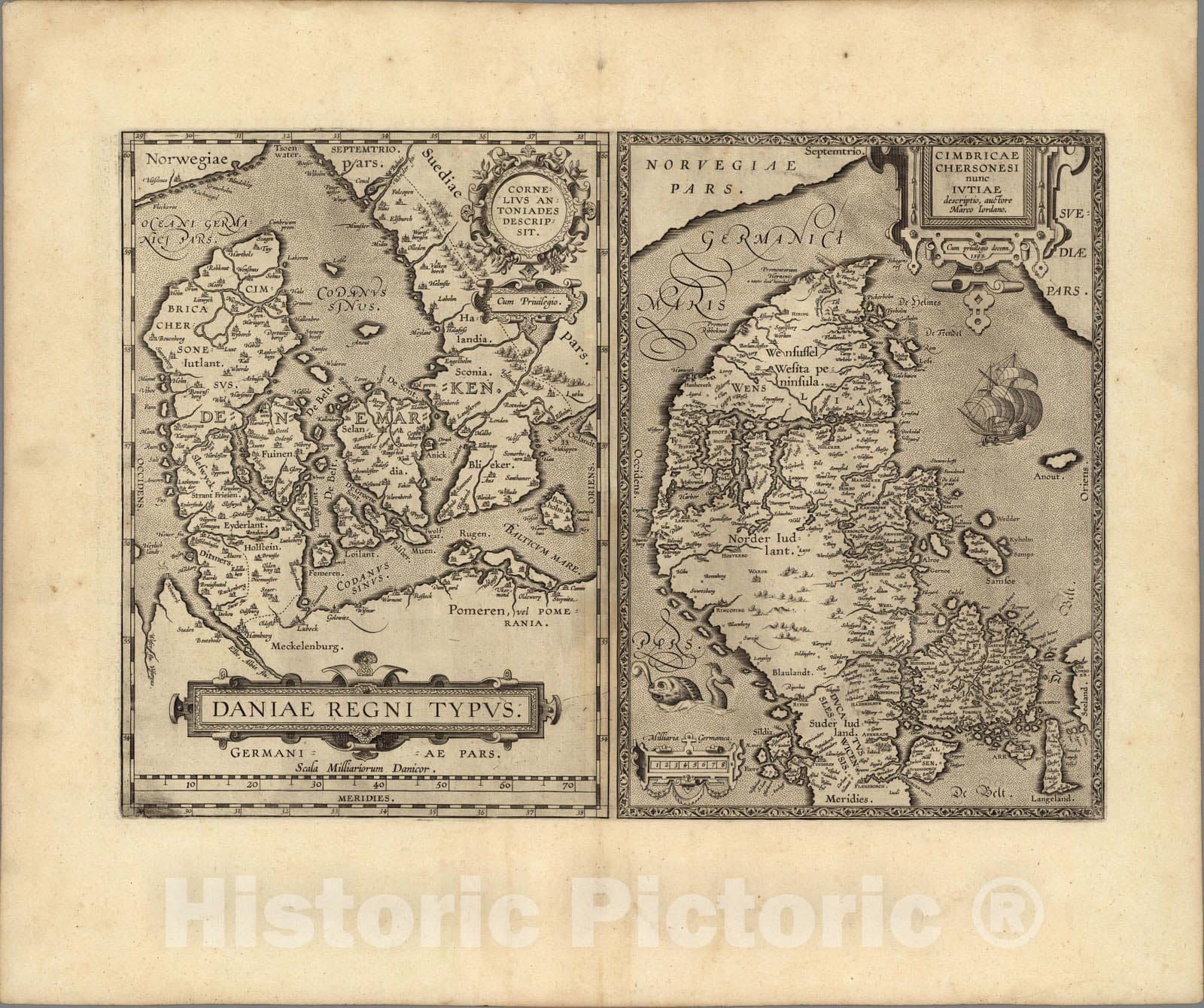 Historic Map : Danmark,(56) Daniae. (with) Cimbricae Chersonesi. 1595 , Vintage Wall Art
