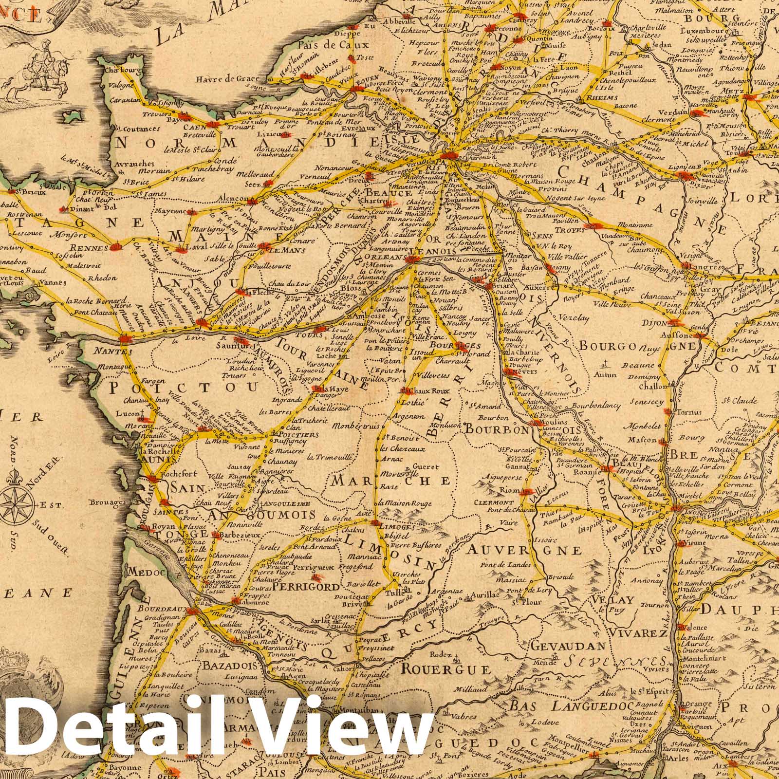 France Postal Routes Map - River Map, 1728 - Historical Map Print