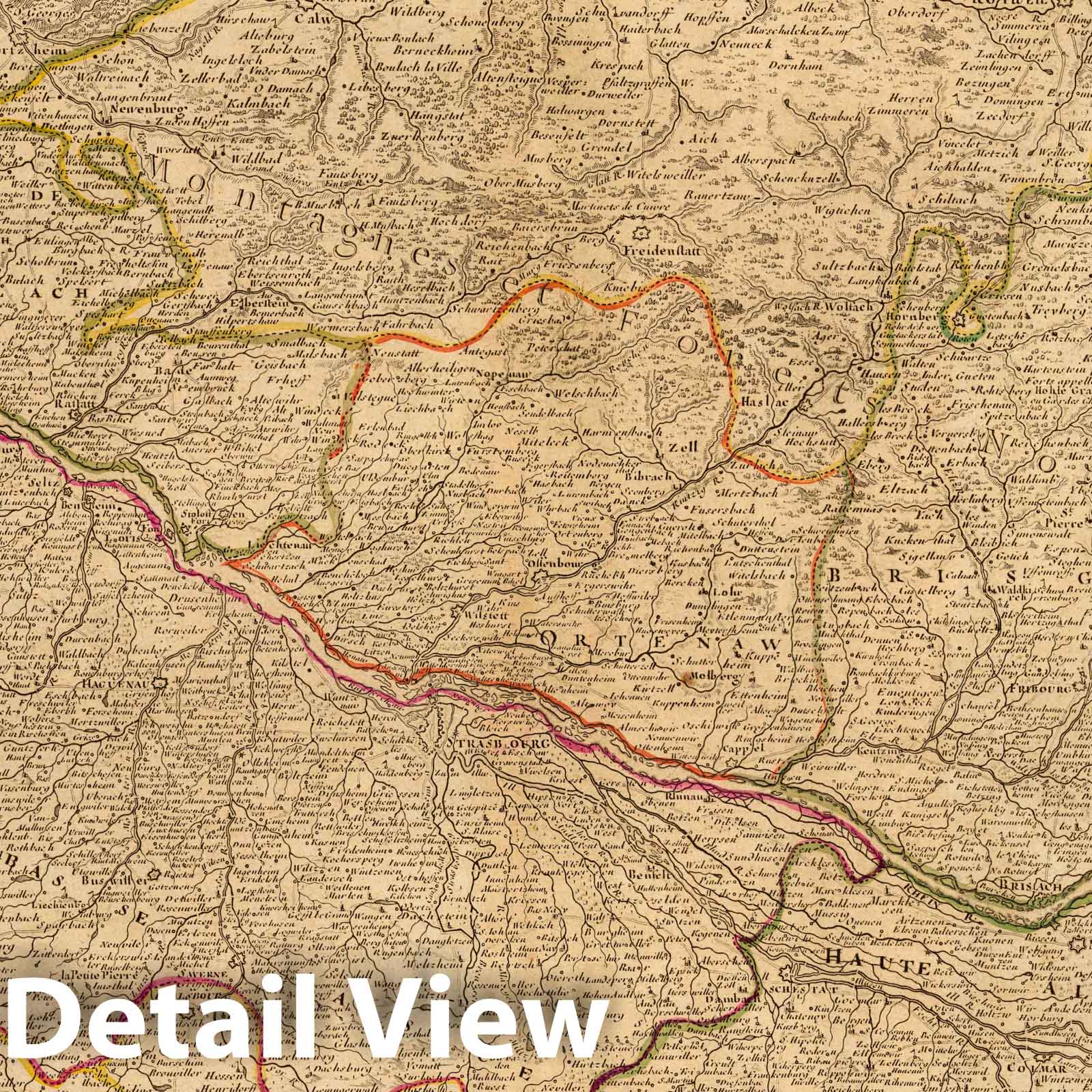 Upper and Lower Alsace, Suntgaw, Brisgaw, Ortenaw, and Baden - River Map, 1705
