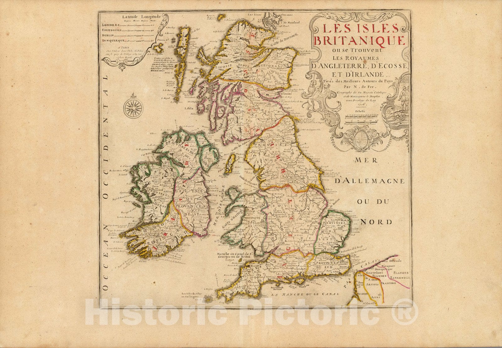 Historic Wall Map : England,Les Isles Britanique 1706 , Vintage