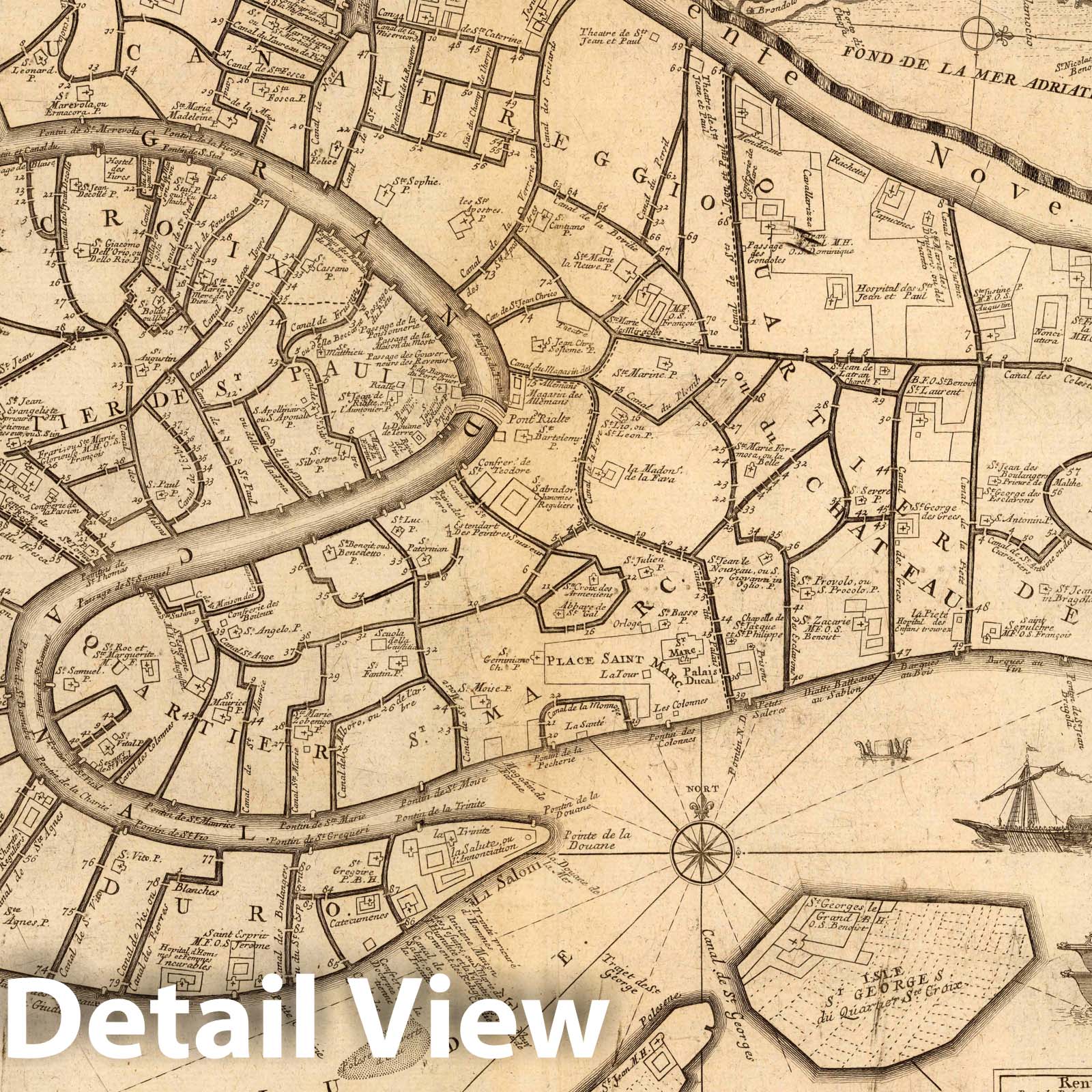 Venice, Italy - River Map, 1725 - Historical Map Print