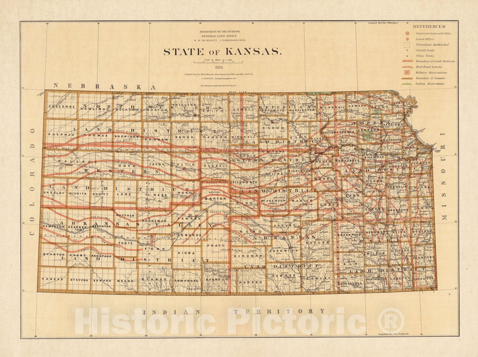 Historic Map, State of Kansas 1876 - Vintage Wall Art