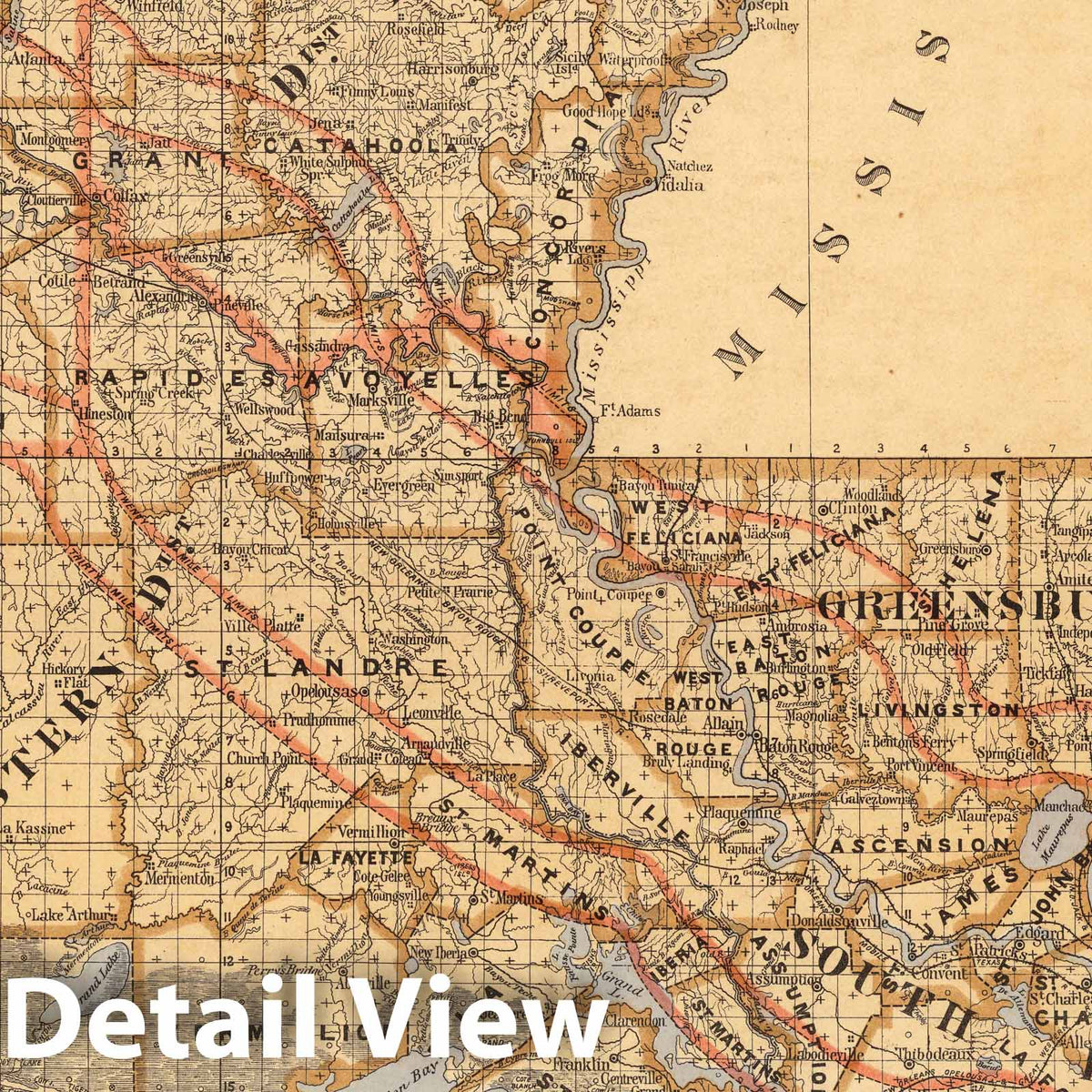 Louisiana - Railroad Map, 1876 - Historical Map Print