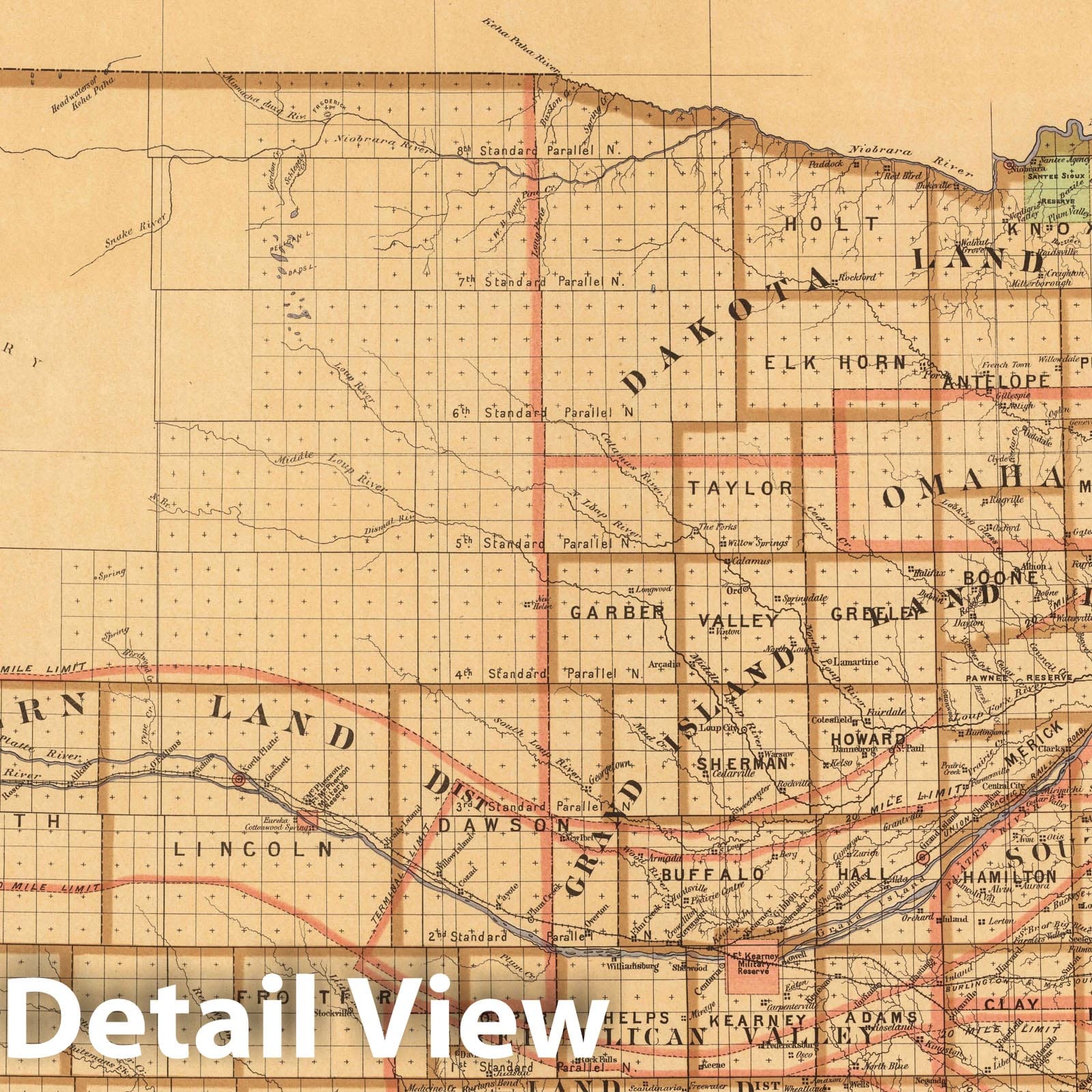 Nebraska - Railroad Map, 1876 - Historical Map Print