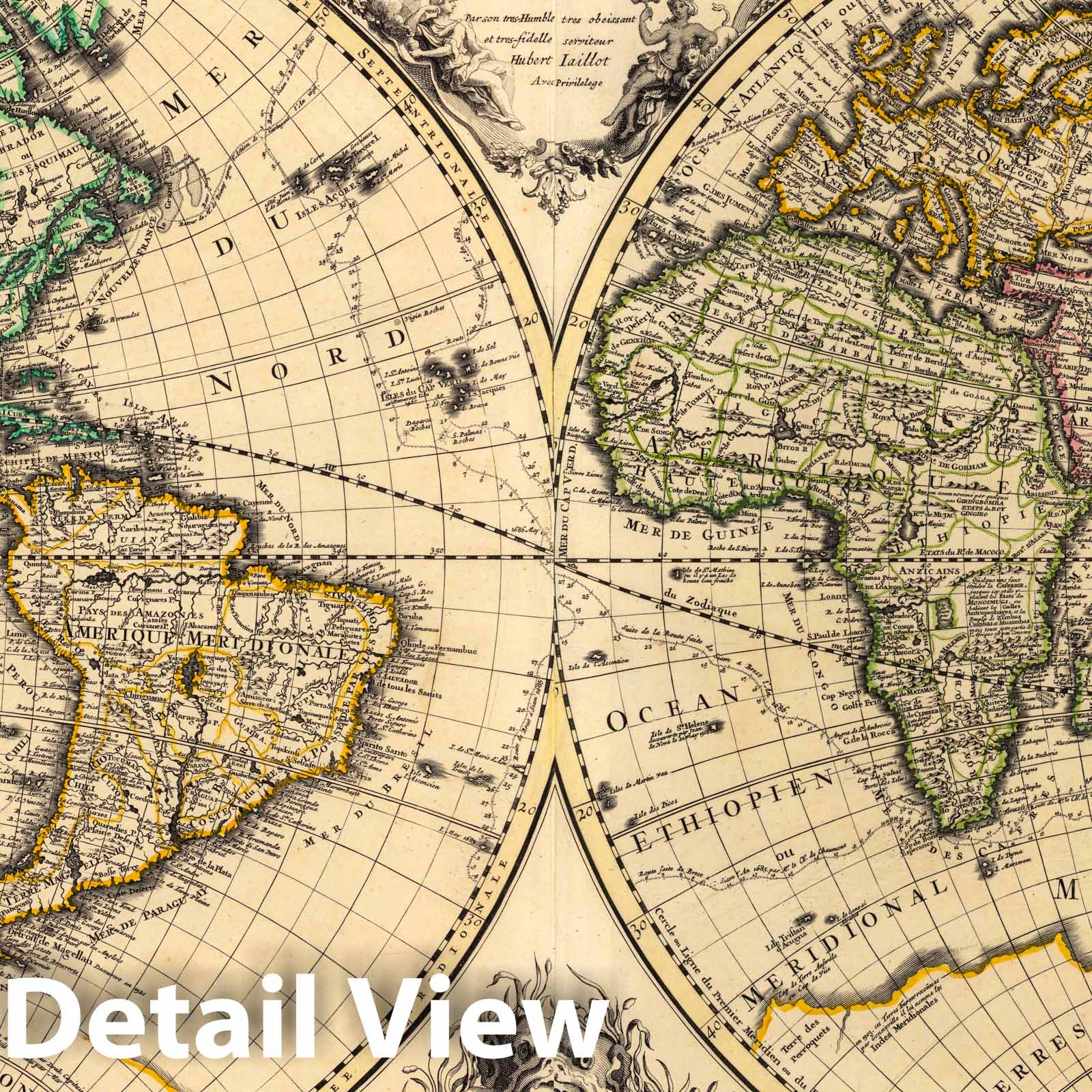 World Map - Two Hemispheres, 1708 - Historical Map Print
