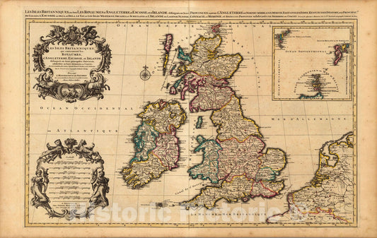 Historic Map : England, British IslesLes Isles Britanniques d'Angleterre, Escosse, et Irlande. 1708 , Vintage Wall Art