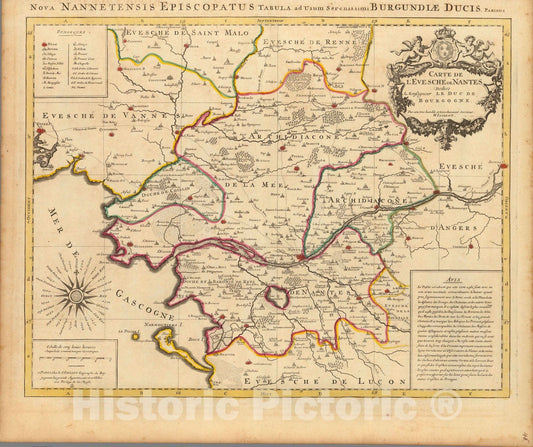 Historic Map : Anjou , FranceCarte de l'Evesche de Nantes. 1708 , Vintage Wall Art