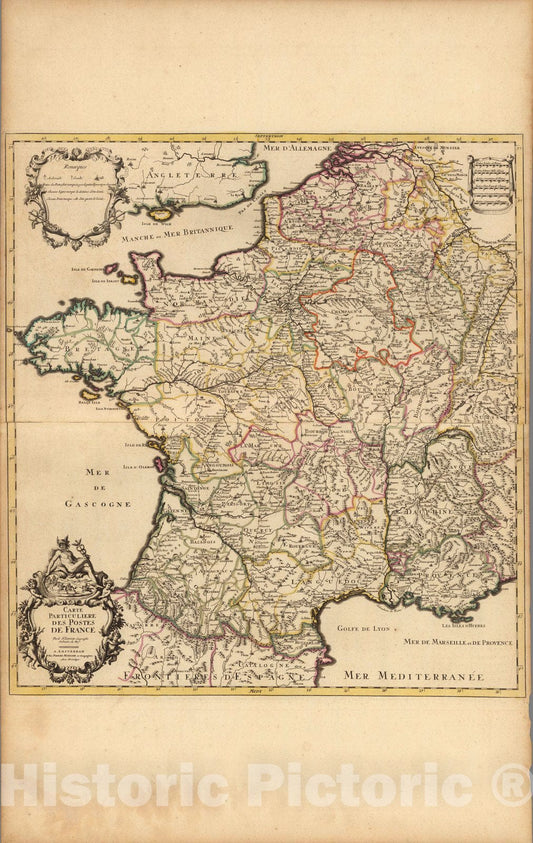 Historic Map : France,Carte Particuliere des Postes de France. 1708 , Vintage Wall Art
