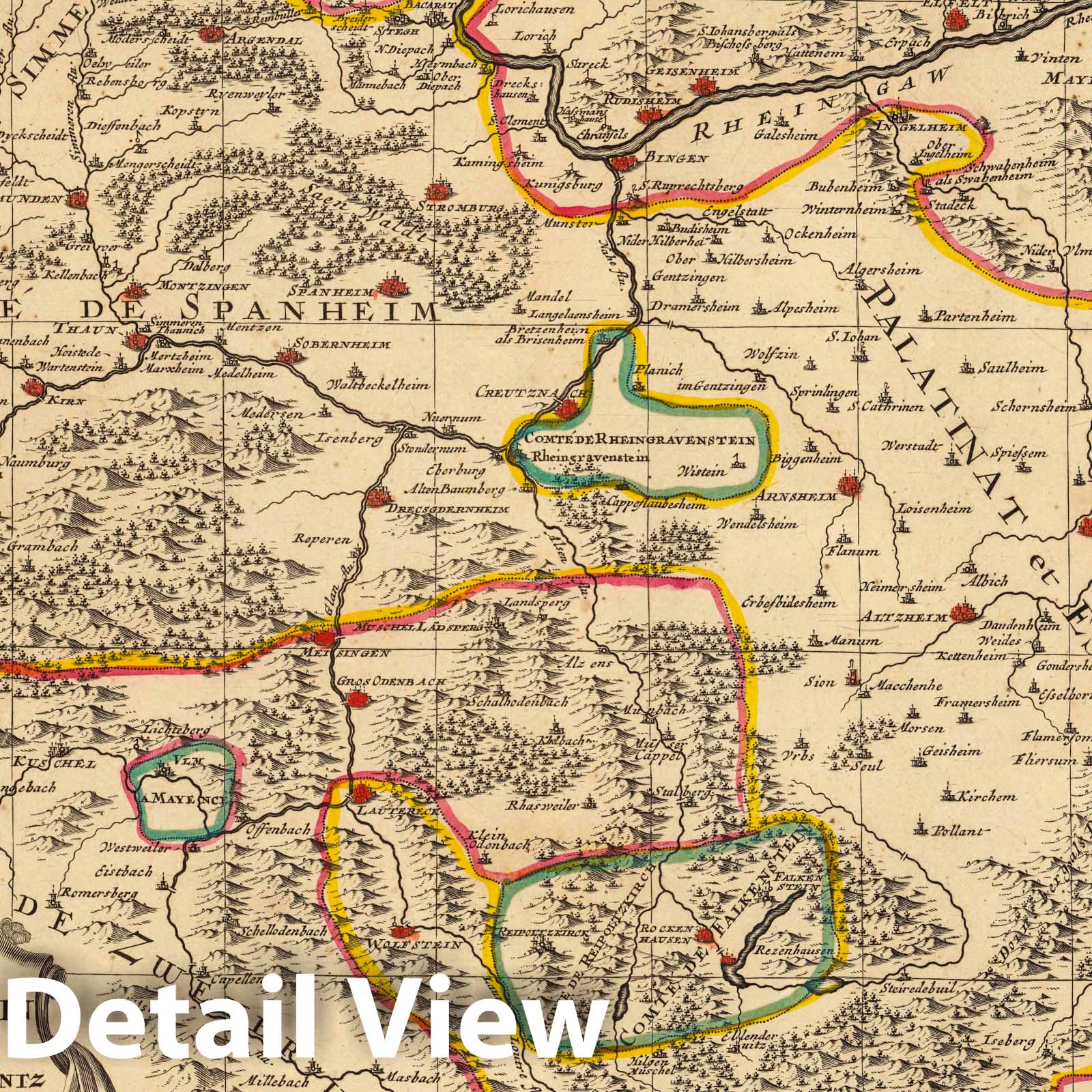 Western Palatinate and Rhine Region, Germany 1708 Historical Map Print