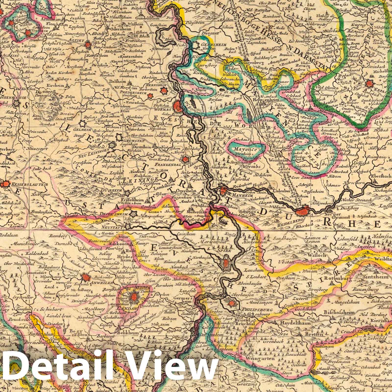 Rhine, Main, and Necker Rivers Region - Military Map, 1708 - Historical Map Print