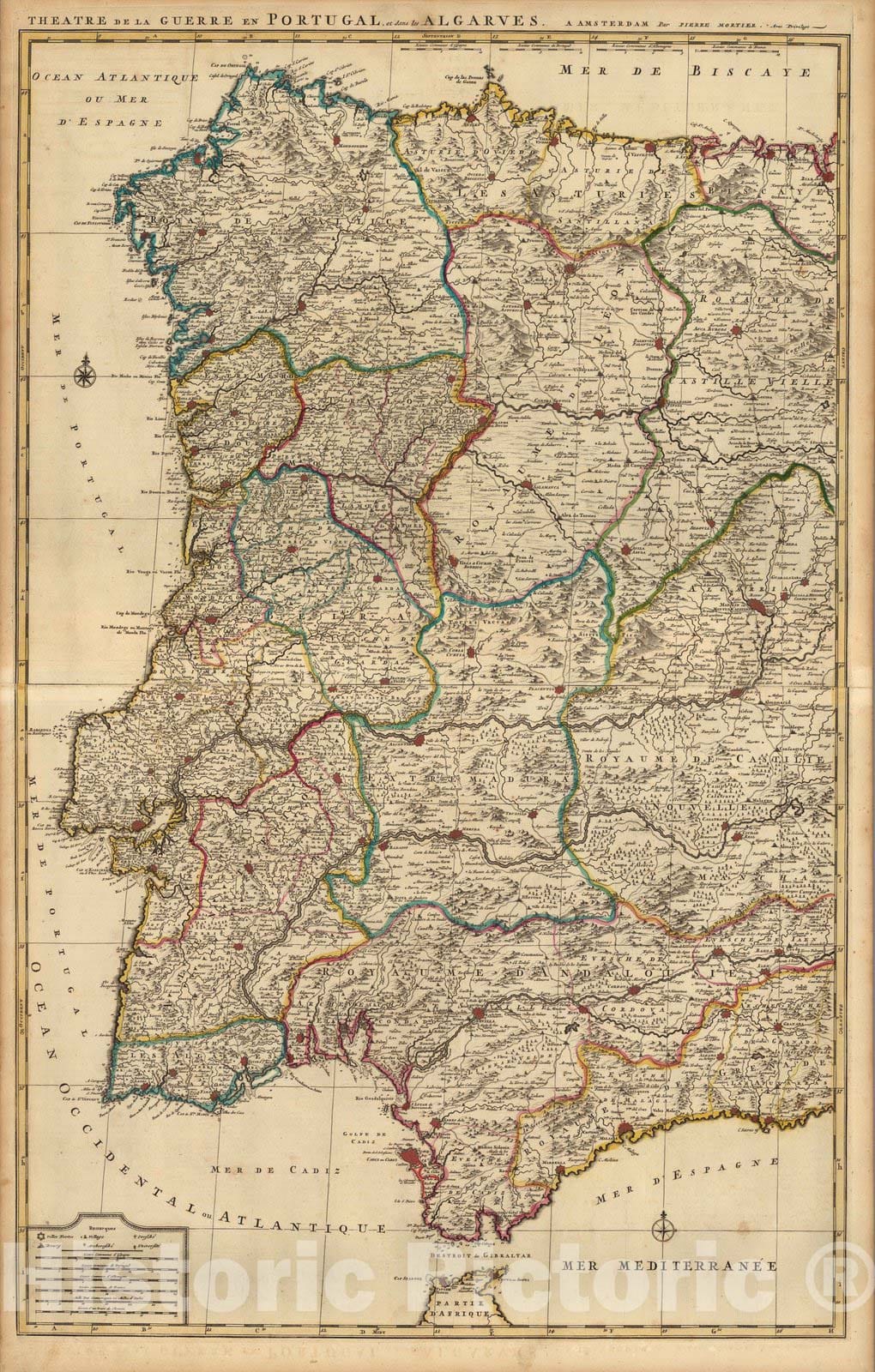 Historic Map : Spain,Theatre de la Guerre en Espagne et en Portugal (western portion). 1708 , Vintage Wall Art