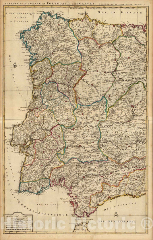 Historic Map : Spain,Theatre de la Guerre en Espagne et en Portugal (western portion). 1708 , Vintage Wall Art
