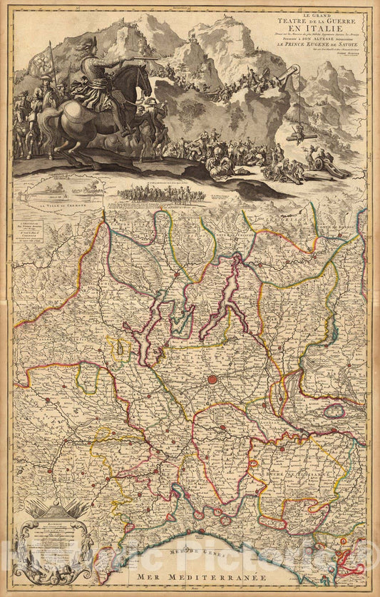 Historic Map : Po River (Italy)Le Grand Teatre de la Guerre en Italie (western sheet). 1708 , Vintage Wall Art
