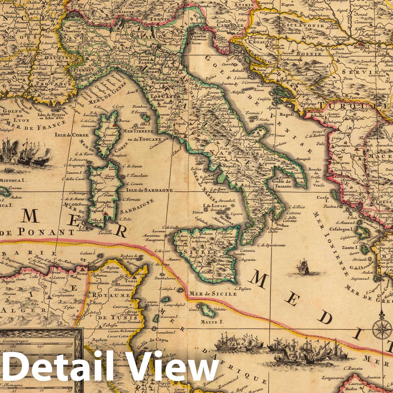 Mediterranean Sea, 1708 - Historical Map Print from Atlas Nouveau