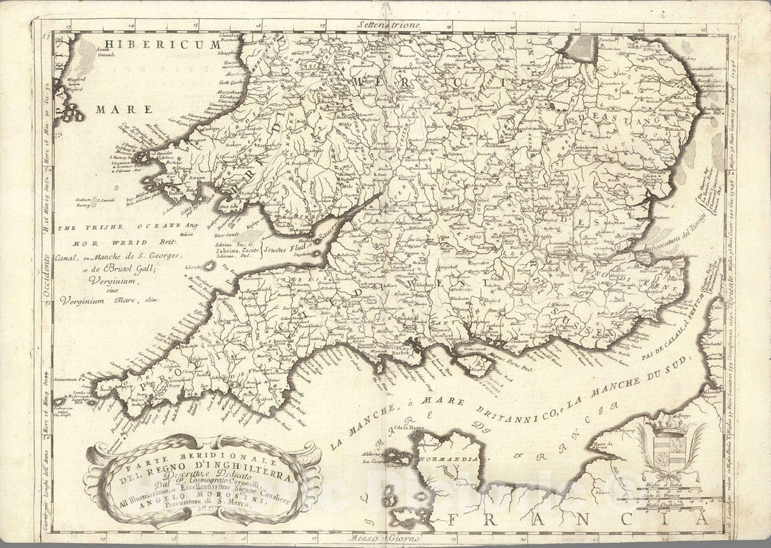Historic Map : England,Parte meridionale del Regno D'Inghilterra 1697 , Vintage Wall Art