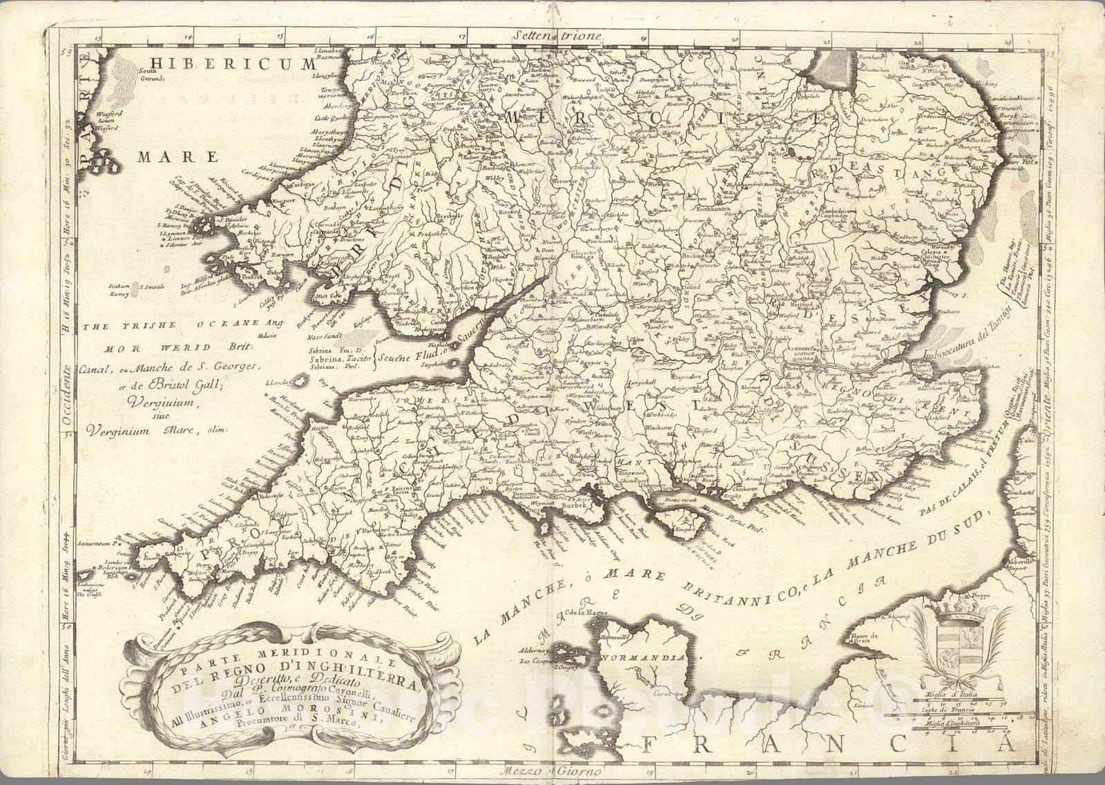 Historic Map : England,Parte meridionale del Regno D'Inghilterra 1697 , Vintage Wall Art