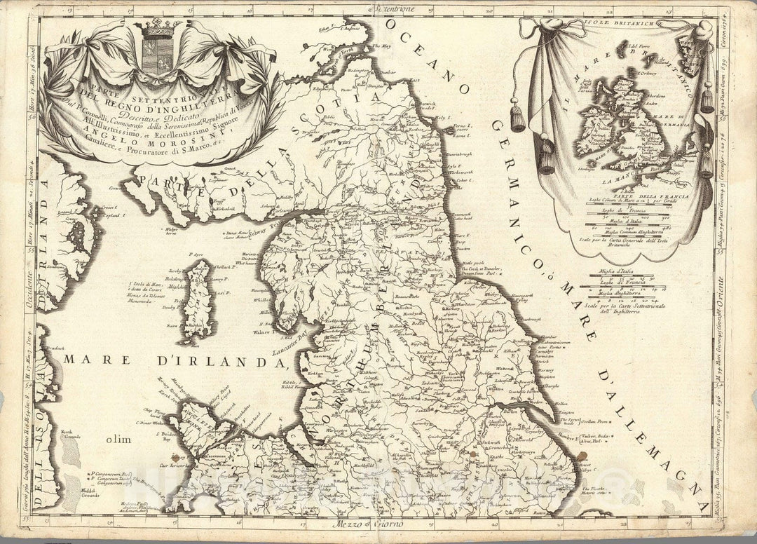 Historic Map : England,Parte settentrionale del regno d'Inghilterra 1697 , Vintage Wall Art