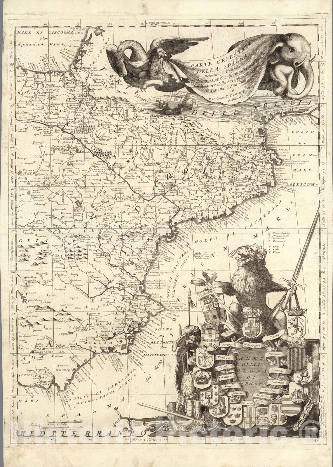 Historic Map : Spain, Iberian PeninsulaParte orientale della Spagna 1691 , Vintage Wall Art