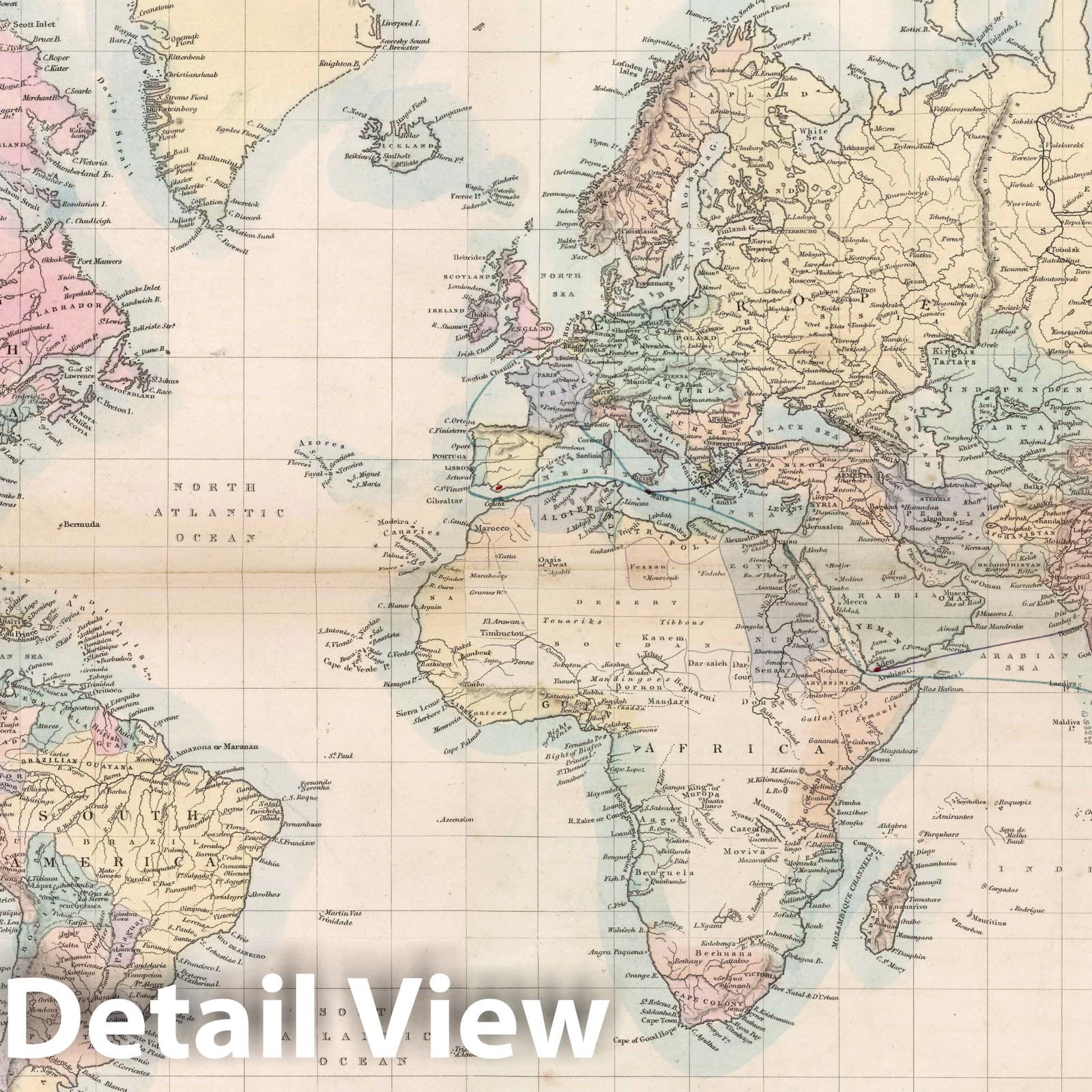 World on Mercator's Projection - Railroad Map, 1856 - Historical Map Print