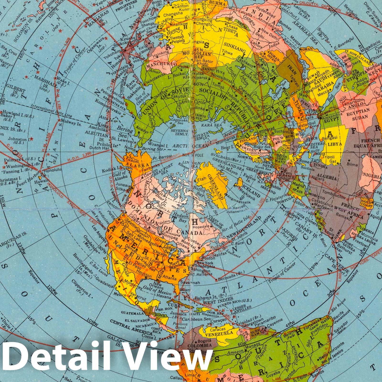 World Airline Routes 1948 - Polar Projection Historical Map Print