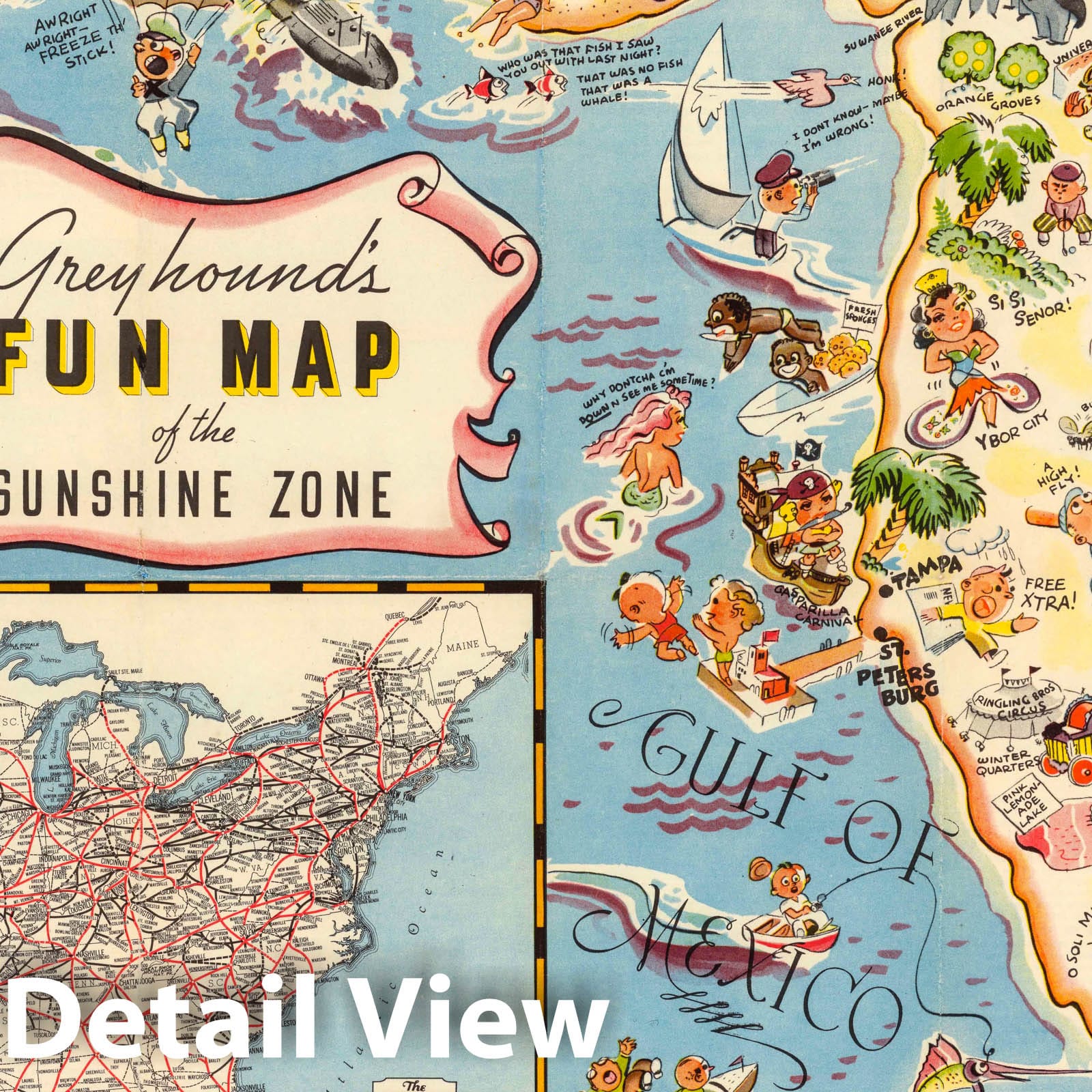 Florida - Pictorial Map, 1936 - Greyhound Routes Historical Map Print