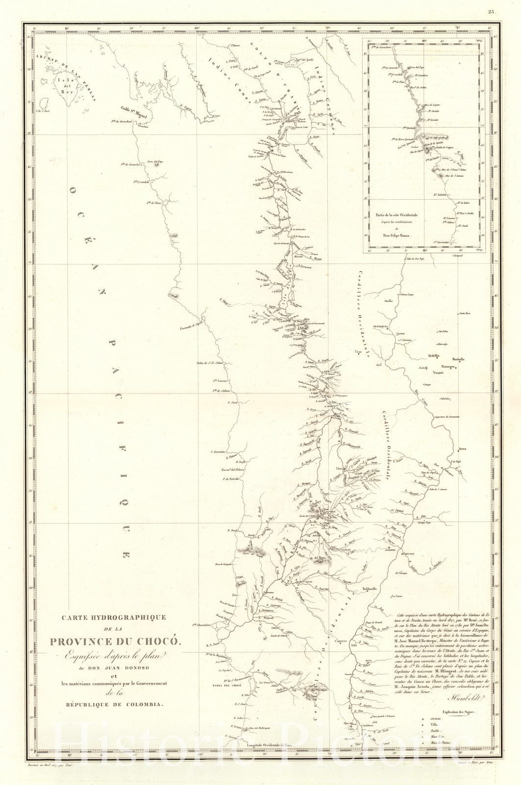 Historic Map : Choco (Colombia) Exploration Book, XXV. Carte hydrographique de la province du Choco. 1827 , Vintage Wall Art