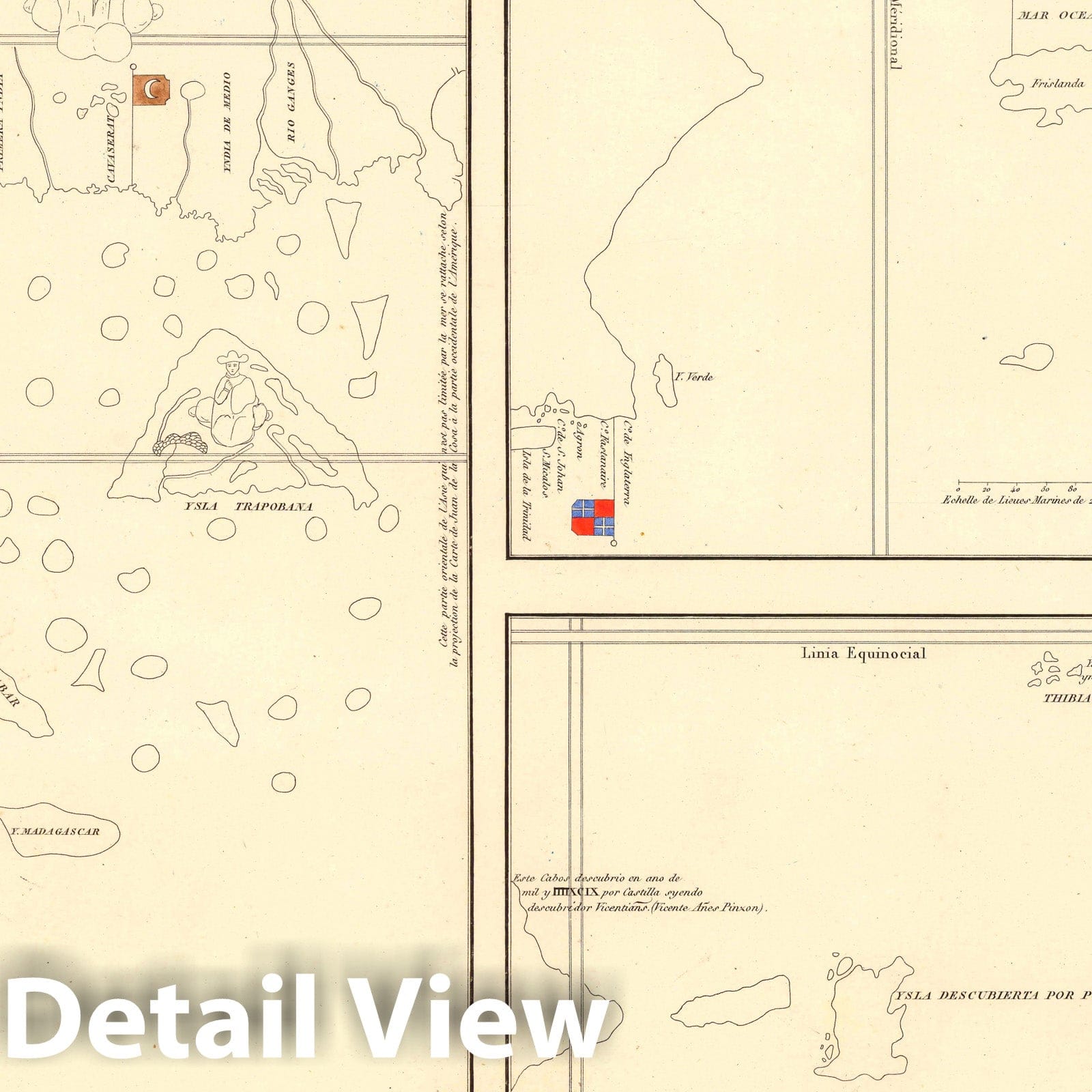 Historic Map : India, XXXVI. Trois Fragmens de lHistoric Mappemonde de Juan de la Cosa tracee in 1500, 1834 , Vintage Wall Art