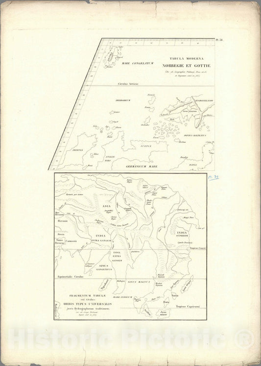 Historic Map : Exploration Book, XXXVIII. Tabula Moderna Norbegie et Gottie. Orbis Typus Universalis juxta Hydrographorum traditionem. 1513. 1834 - Vintage Wall Art