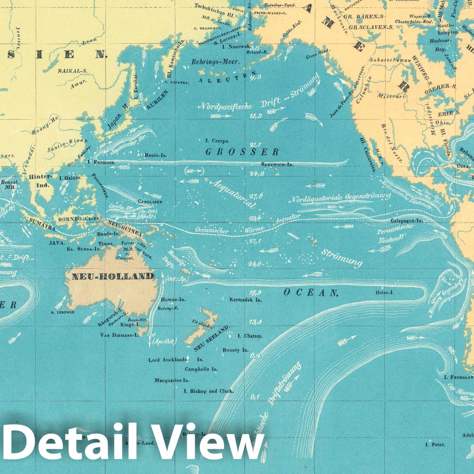 World Ocean Temperatures and Currents - Nautical Chart, 1845 - Historical Map Print
