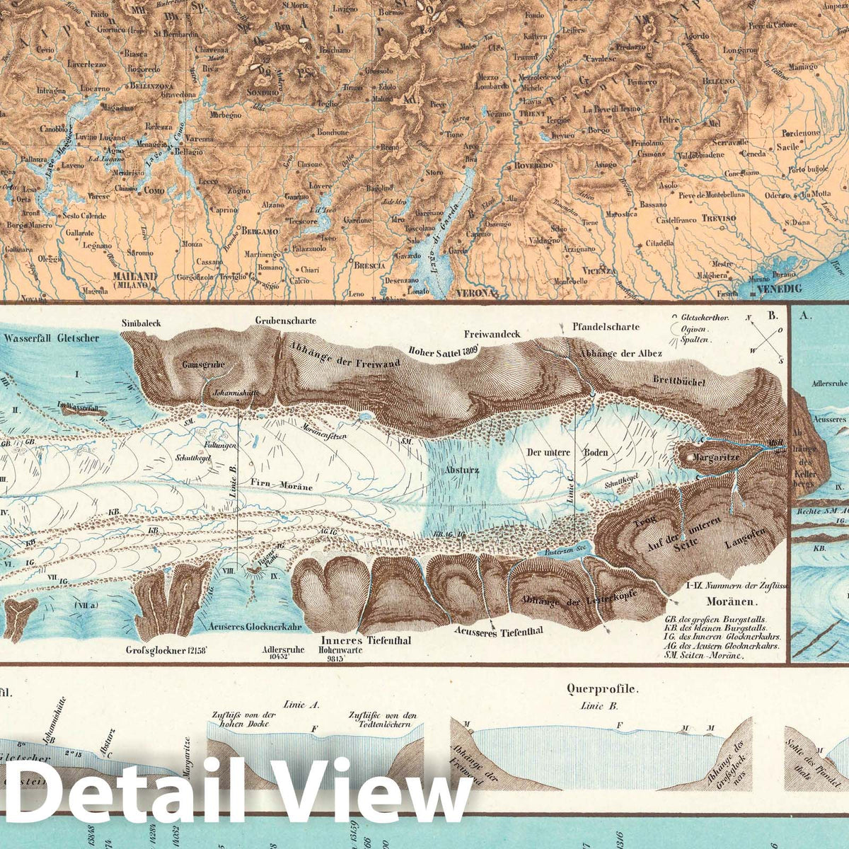 Glaciers of the Alps - Plate No. 14, 1855 - Historical Geological Map