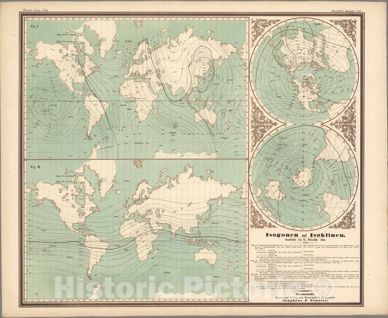 Historic Map : World Atlas Map, No. 15. Isogonen und Isoklinen. 1840 - Vintage Wall Art