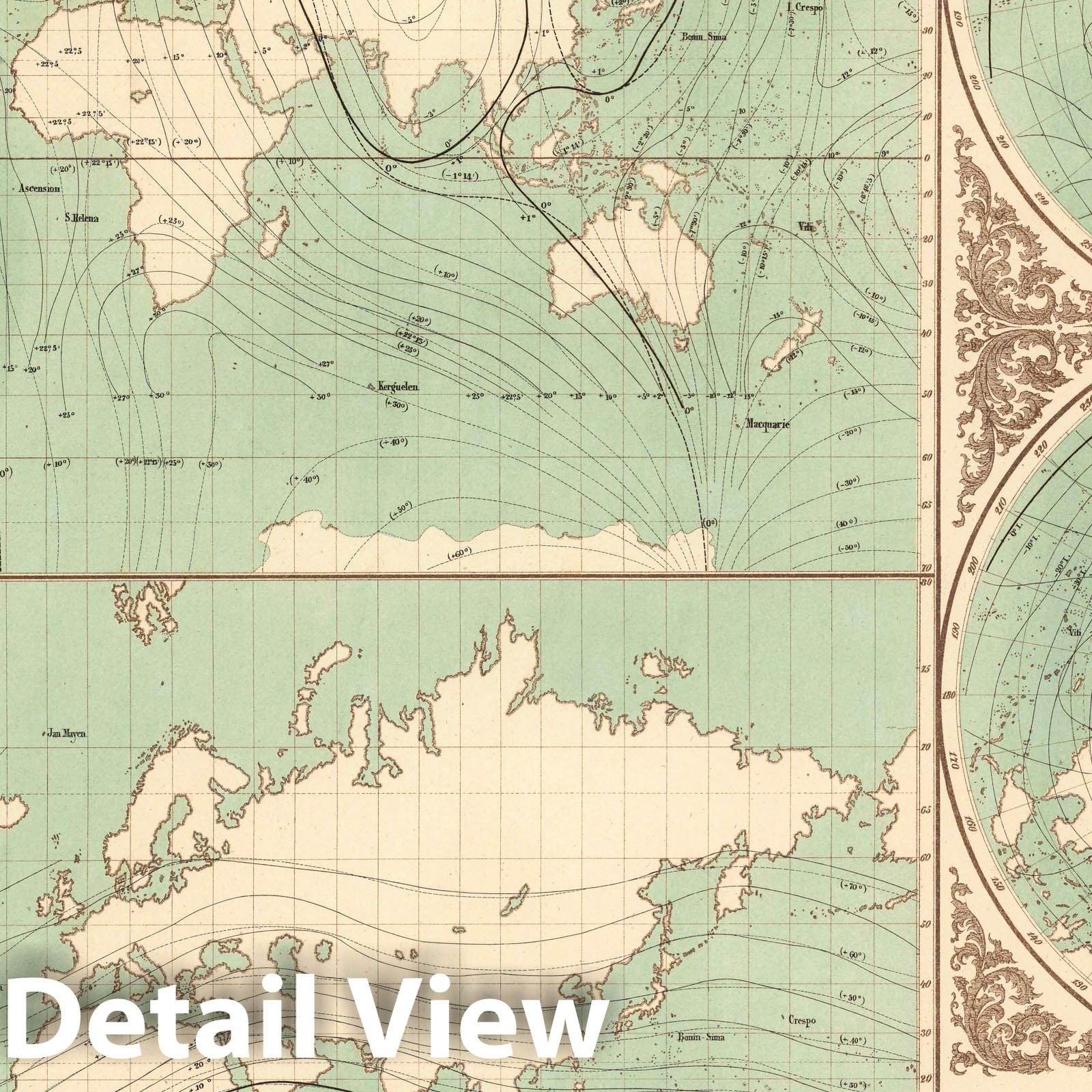Isogones and Isoclines, World - Climate Map, 1840 - Historical Map Print