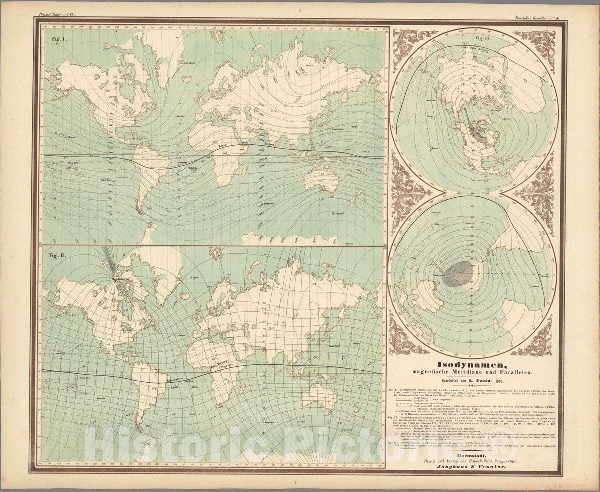 Historic Map : World Atlas Map, No. 16. Isodynamen magnetische Meridiane und Parallelen. 1850 - Vintage Wall Art