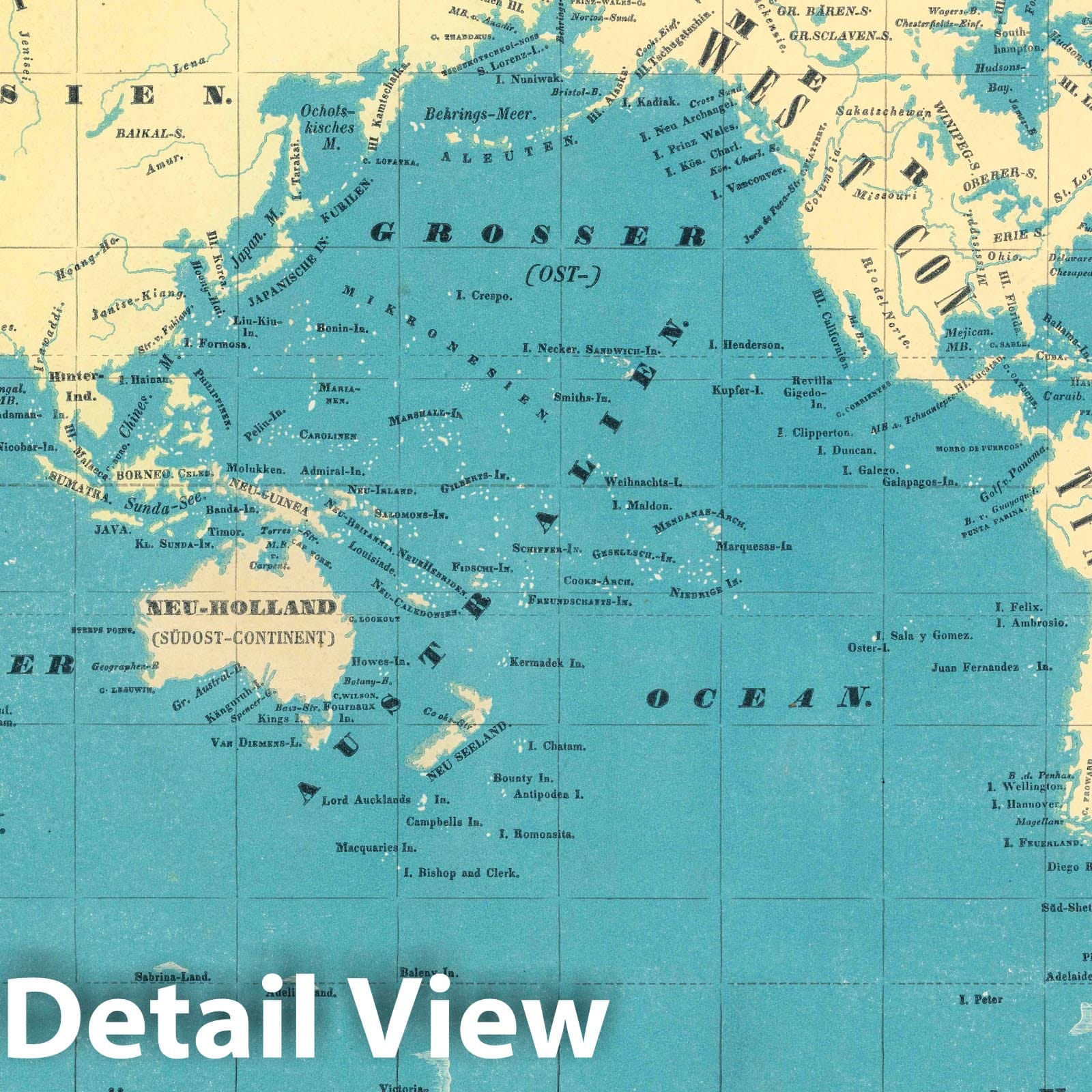 World - Land and Ocean Distribution, 1845 - Historical Map Print