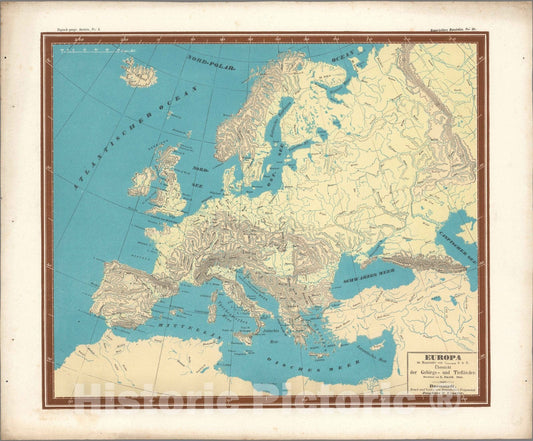 Historic Map : World Atlas Map, No. 28. Europa Uebersicht der Gebirgs - und Tieflaender. 1845 - Vintage Wall Art