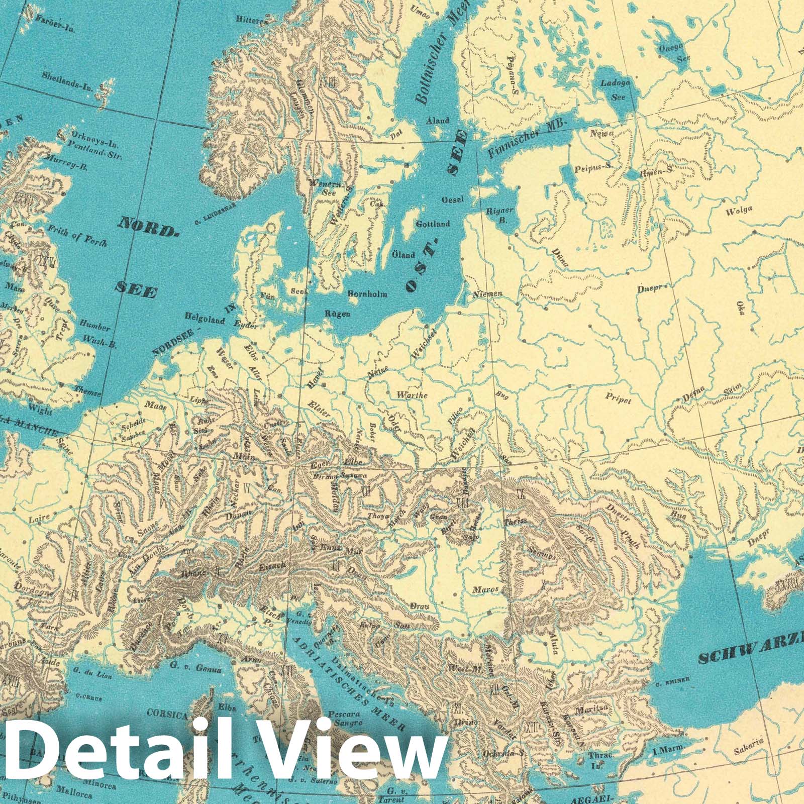 Europe - Physical Map, 1845 - Historical Map Print