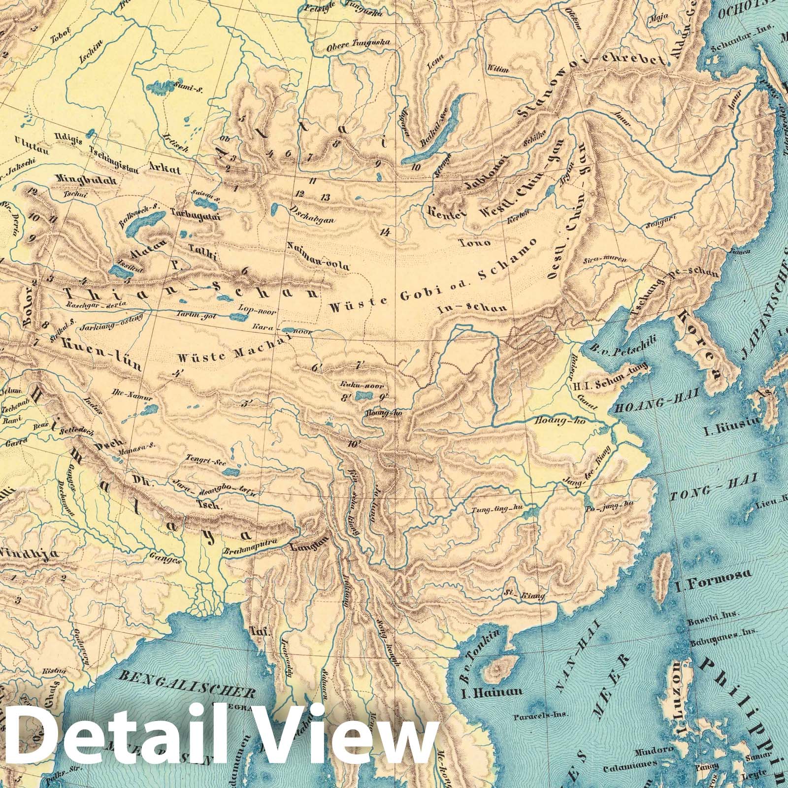 Asia - Physical Map, 1848 - Historical Map Reproduction