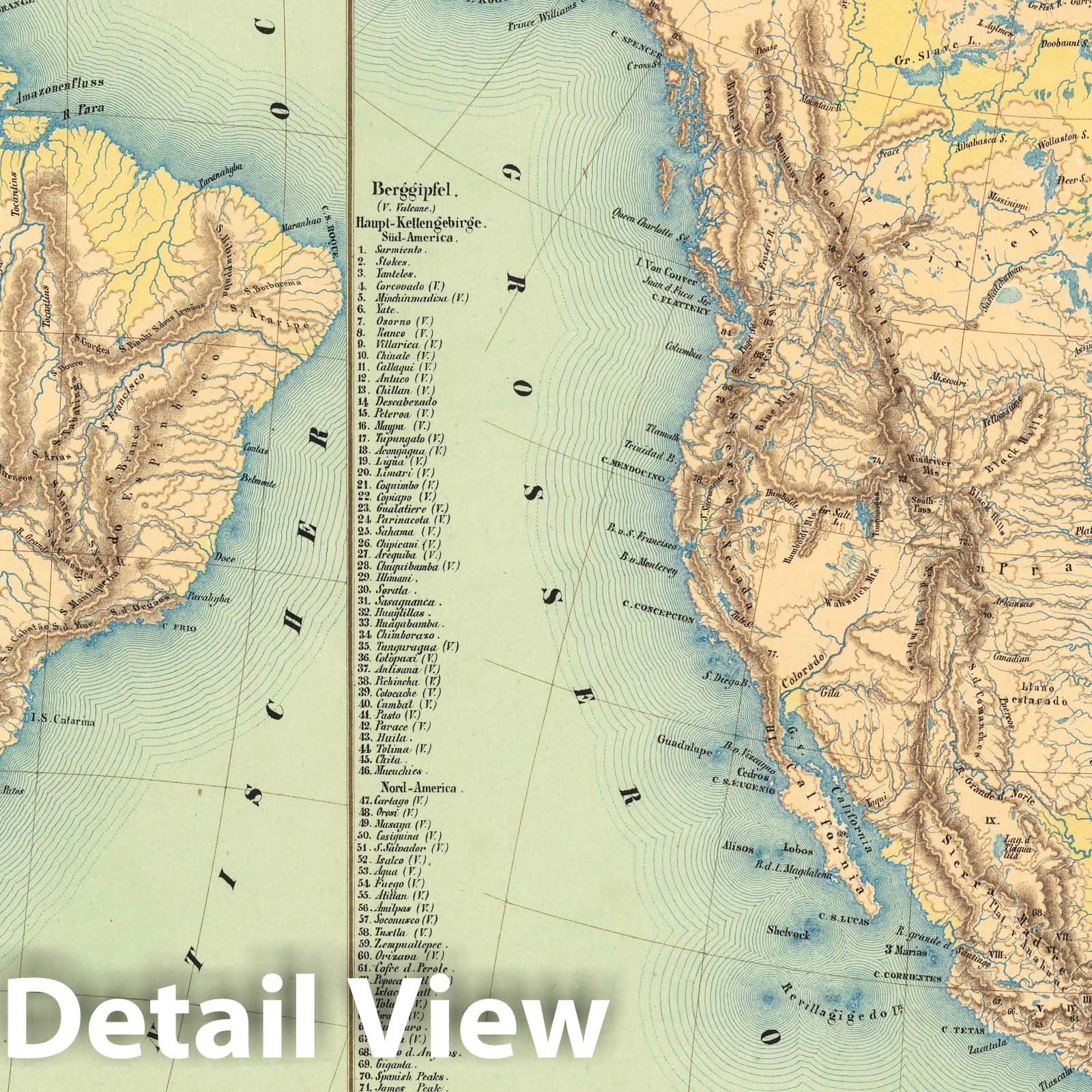 North America - Physical Map, 1851 - Historical Map Print