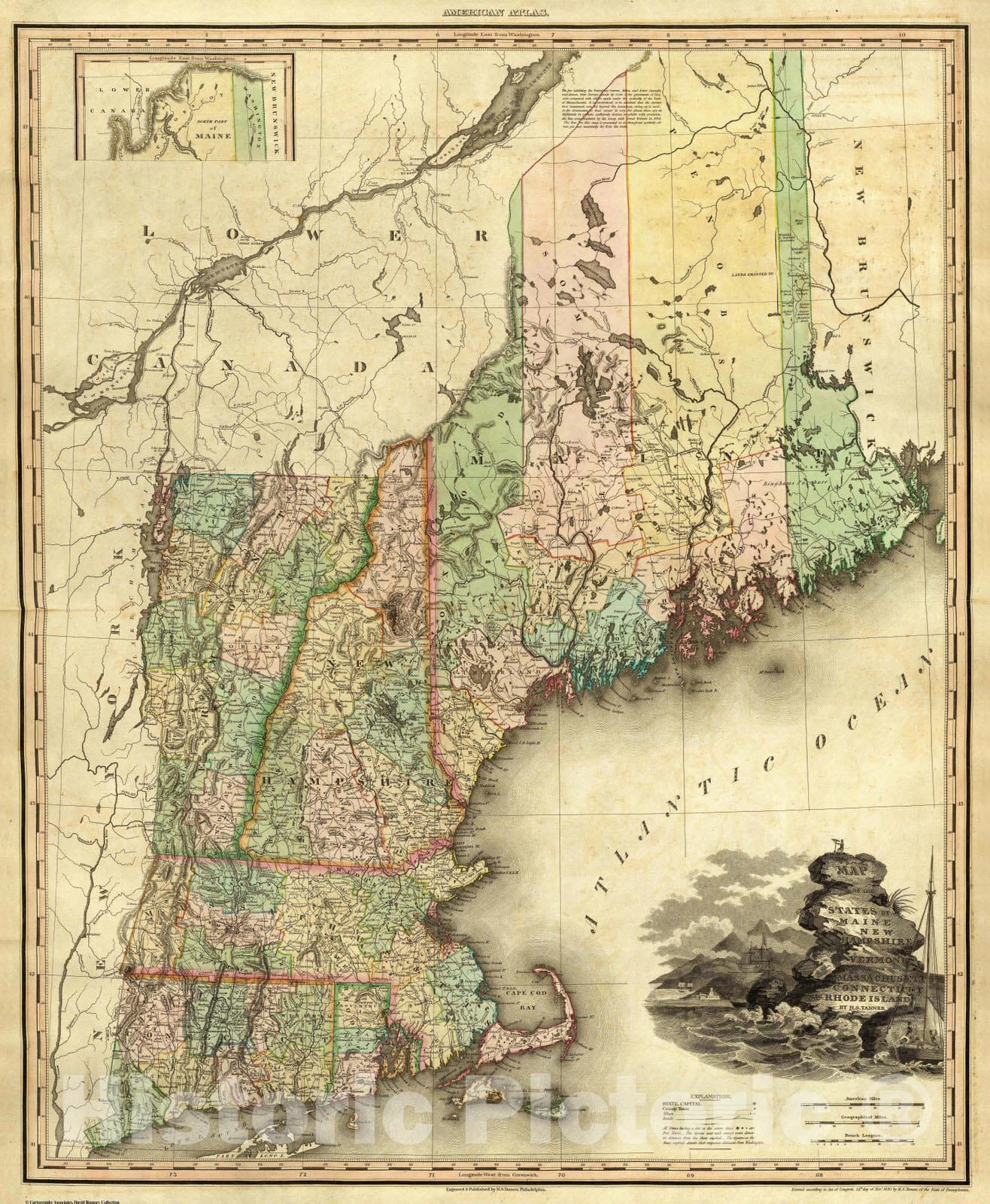 Historic Map : World Atlas Map, Maine, New Hampshire, Vermont, Massachusetts, Connecticut & Rhode Island. 1823 - Vintage Wall Art