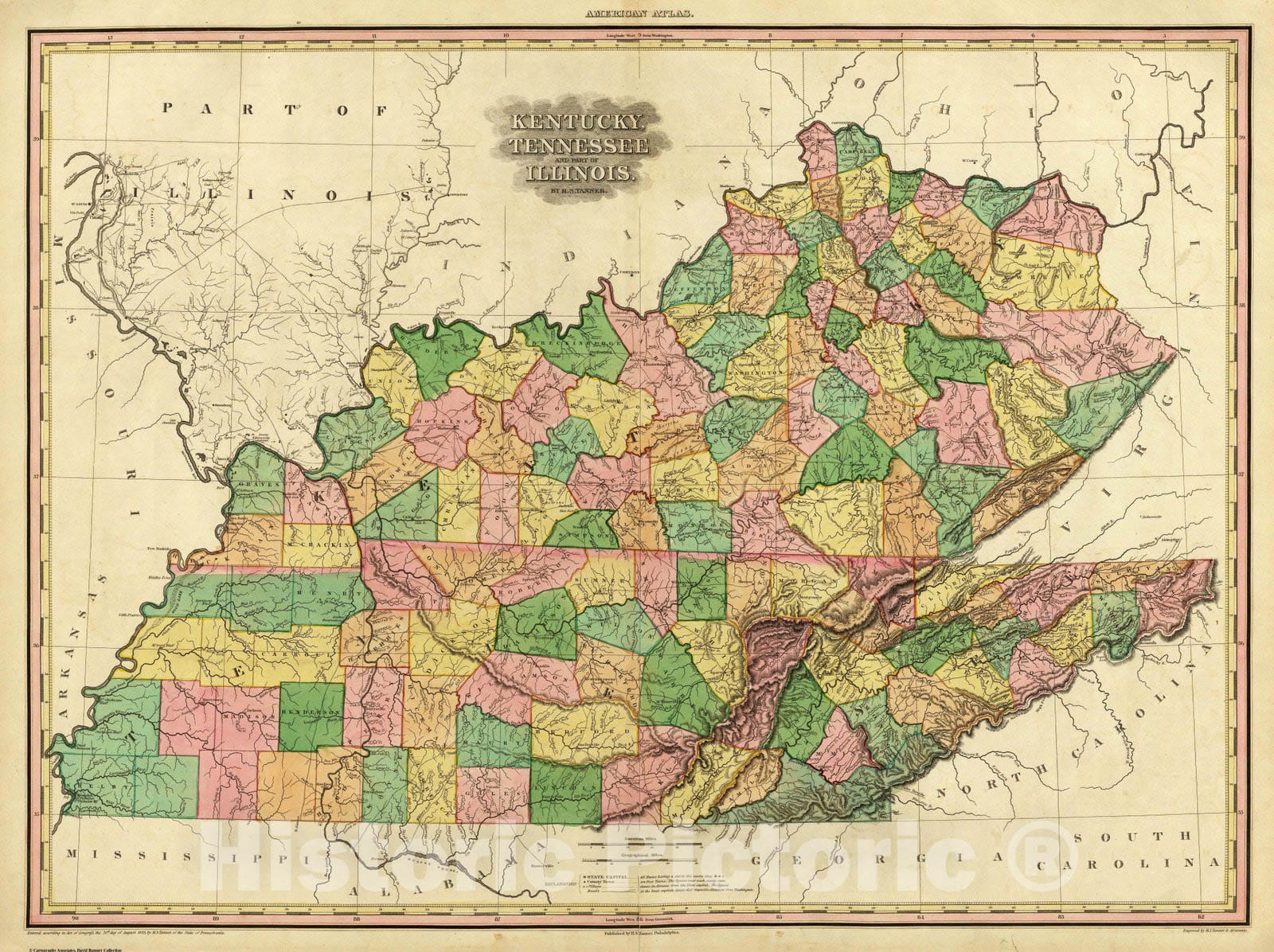 Historic Wall Map : World Atlas Map, Kentucky, Tennessee and part of Illinois. 1823 - Vintage Wall Art