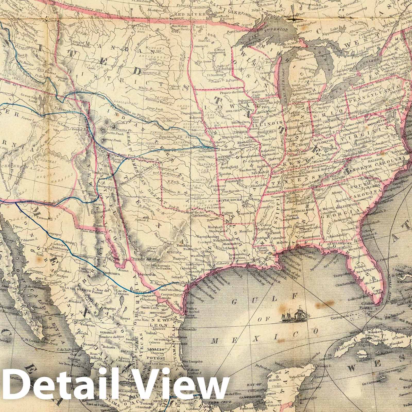 United States, British Provinces, Mexico with California Gold Region - Route Map, 1849