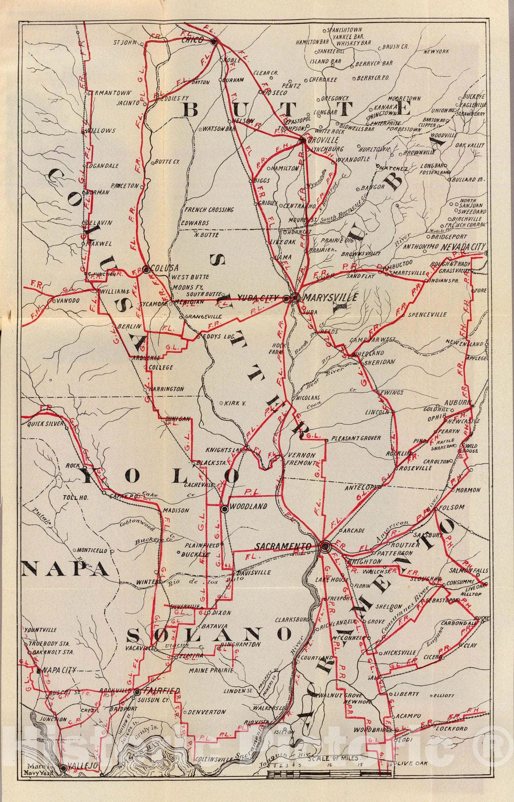 1896 Northern California Road Map - Colusa, Yolo, Napa, Butte, Yuba, Sutter, Solano, Sacramento Counties