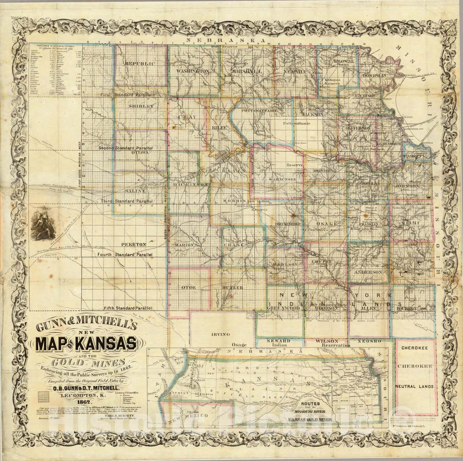 Historic Map : Pocket Map, Kansas And The Gold Mines. 1862 - Vintage Wall Art